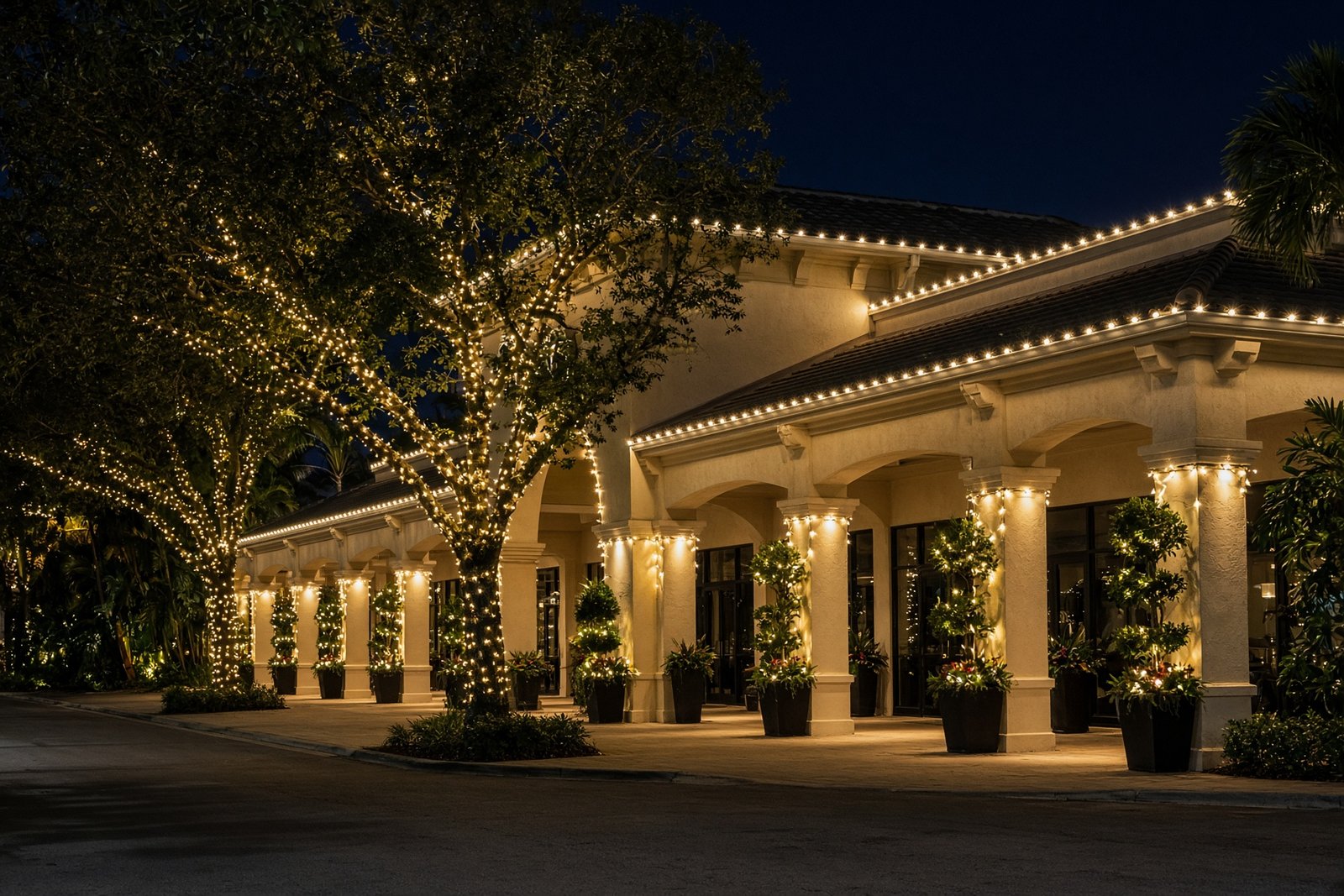 Southwest Florida commercial plaza dressed in professional holiday lighting