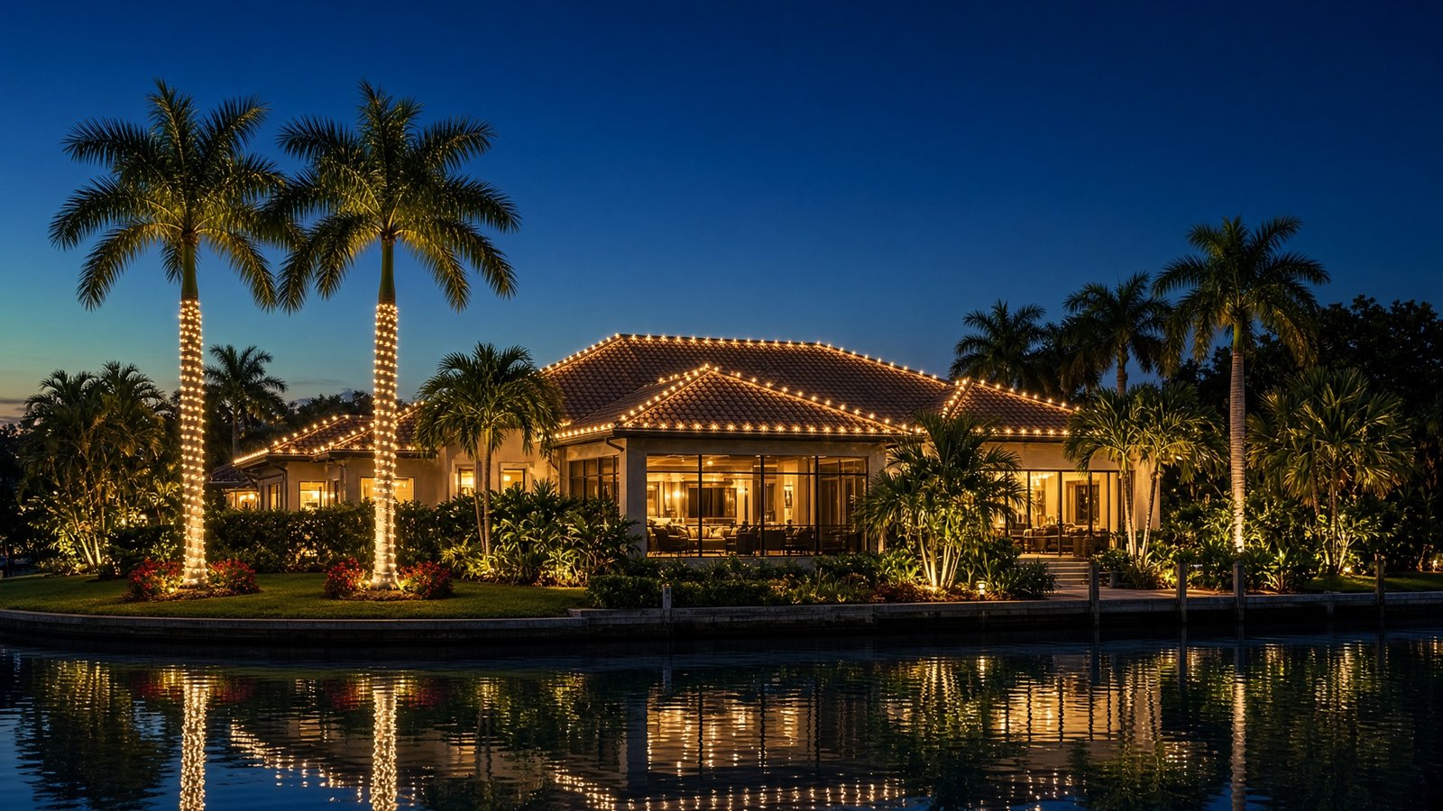 Waterfront Southwest Florida home with professionally installed Christmas lights on palms and roofline