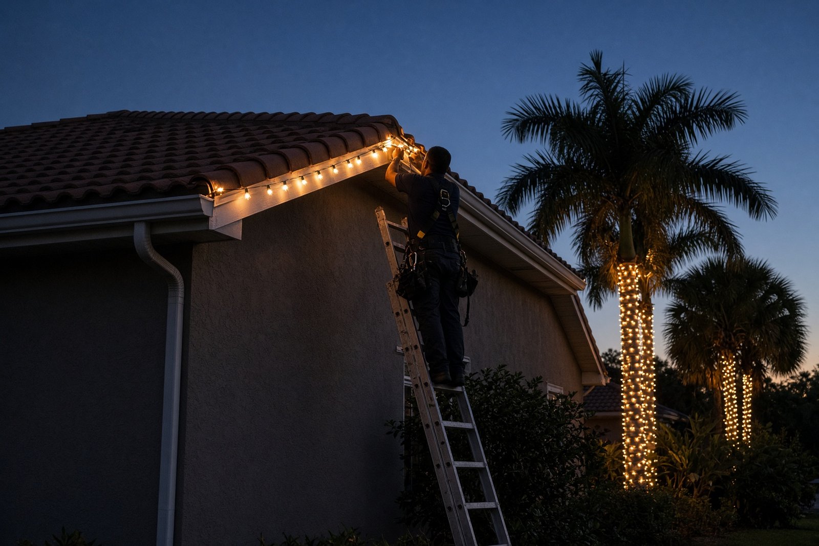 Installer attaching commercial C9 Christmas lights along a tile-roof gutter