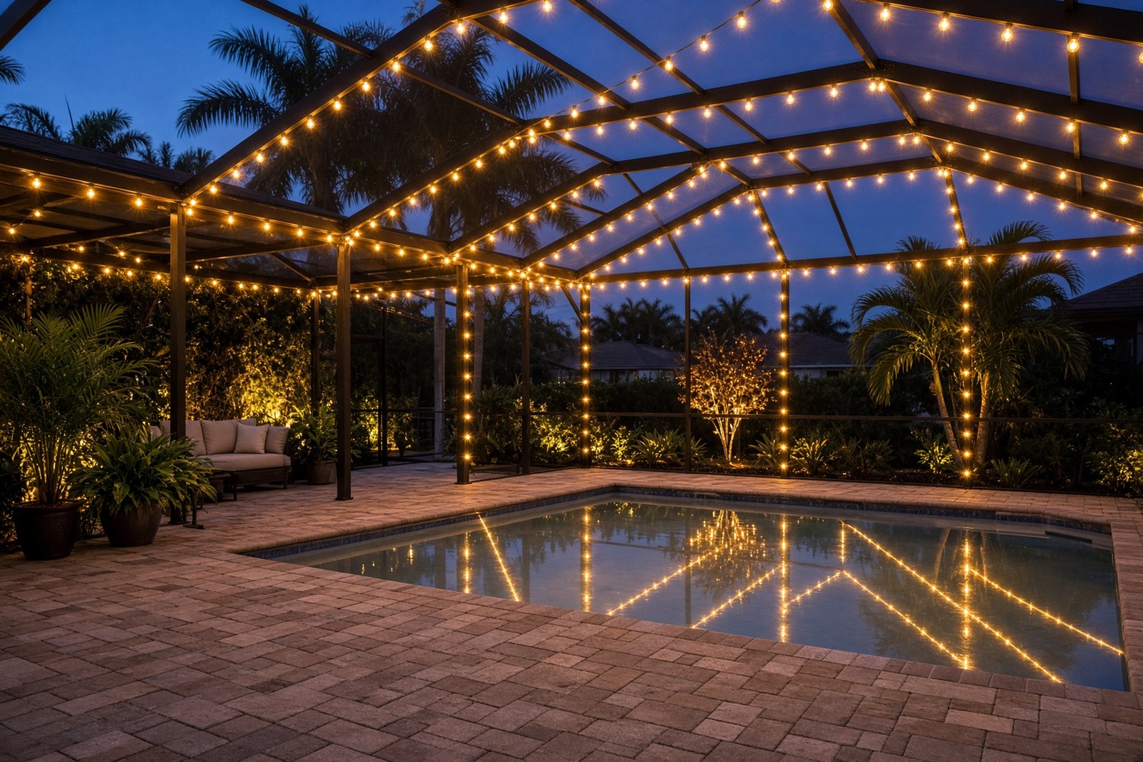 Screened lanai and pool cage outlined with Christmas lights over a still pool
