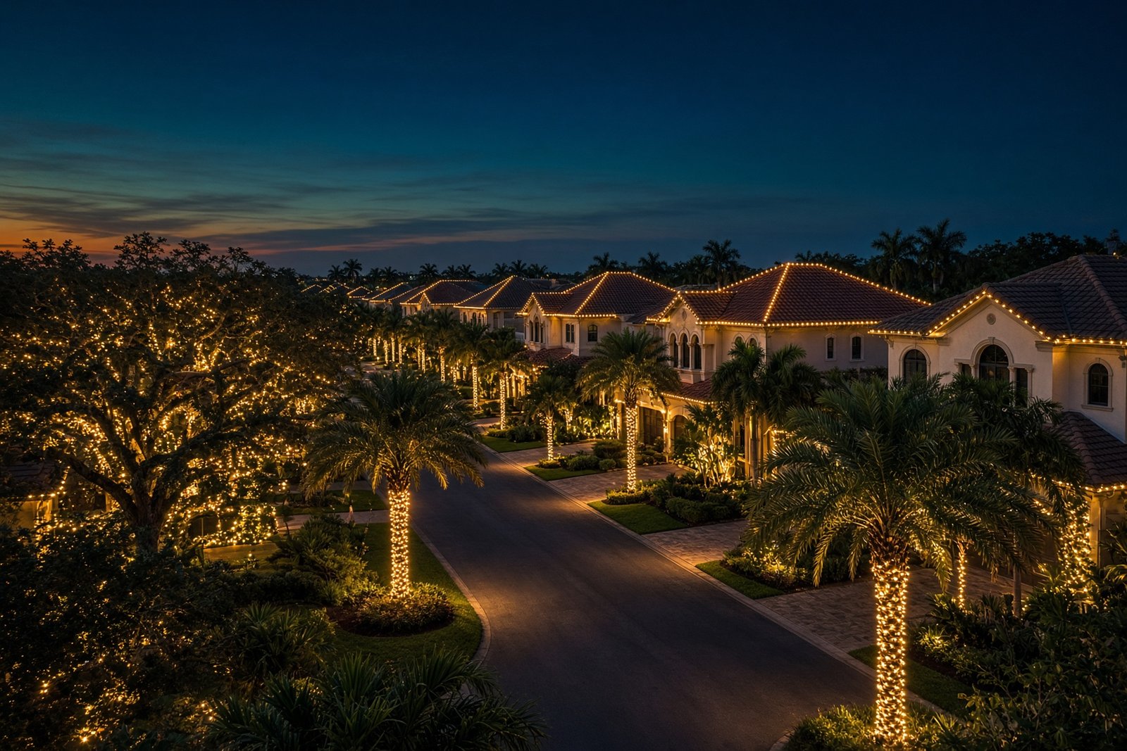 Neighborhood street of professionally lit homes