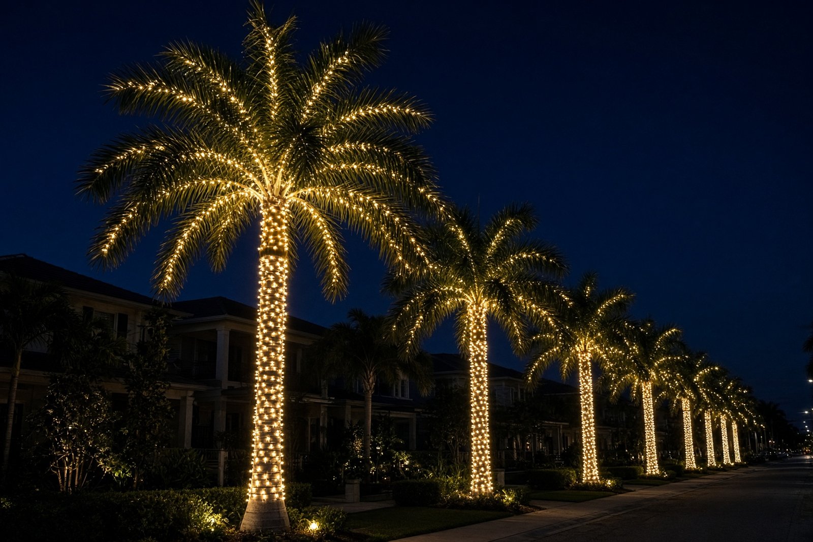 Royal palm trees wrapped in commercial-grade warm white Christmas lights