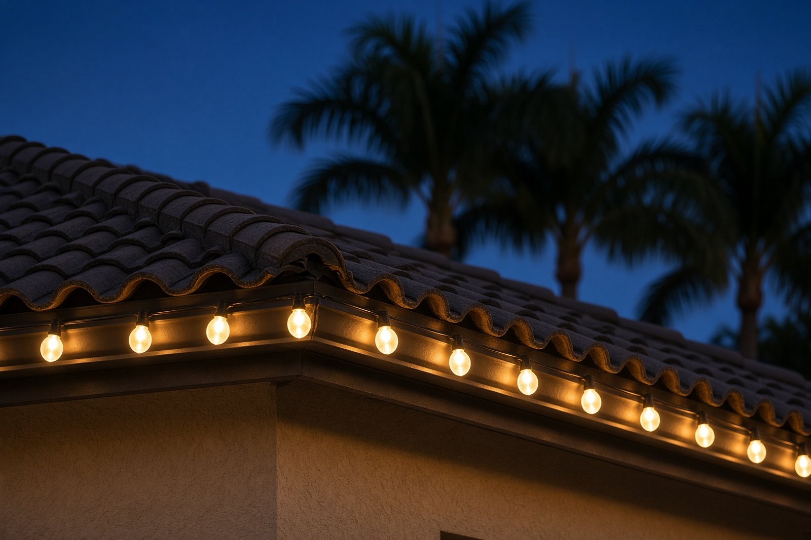 Warm white C9 Christmas lights outlining a barrel-tile roof at dusk